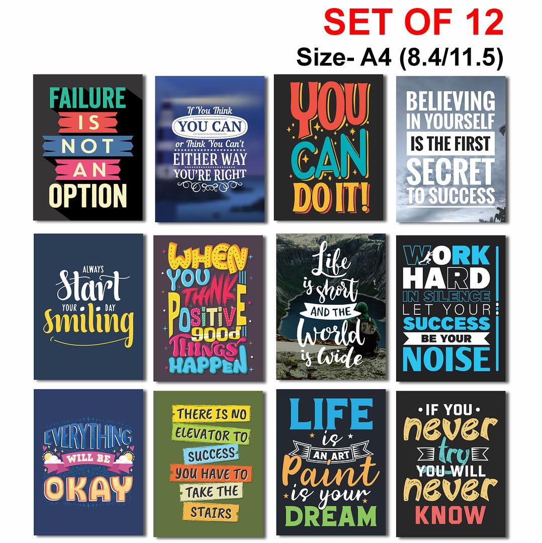 CVANU A4 12pcs Positive Quote Printed on Poster Wall Art Collage Kit with Glue Dot Tape for Wall Decoration (11.5inchX8.4inch)_1